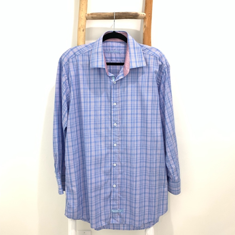 English Laundry Button Down Flip Cuff Shirt Size 17 32/33 Blue Pink Check Print